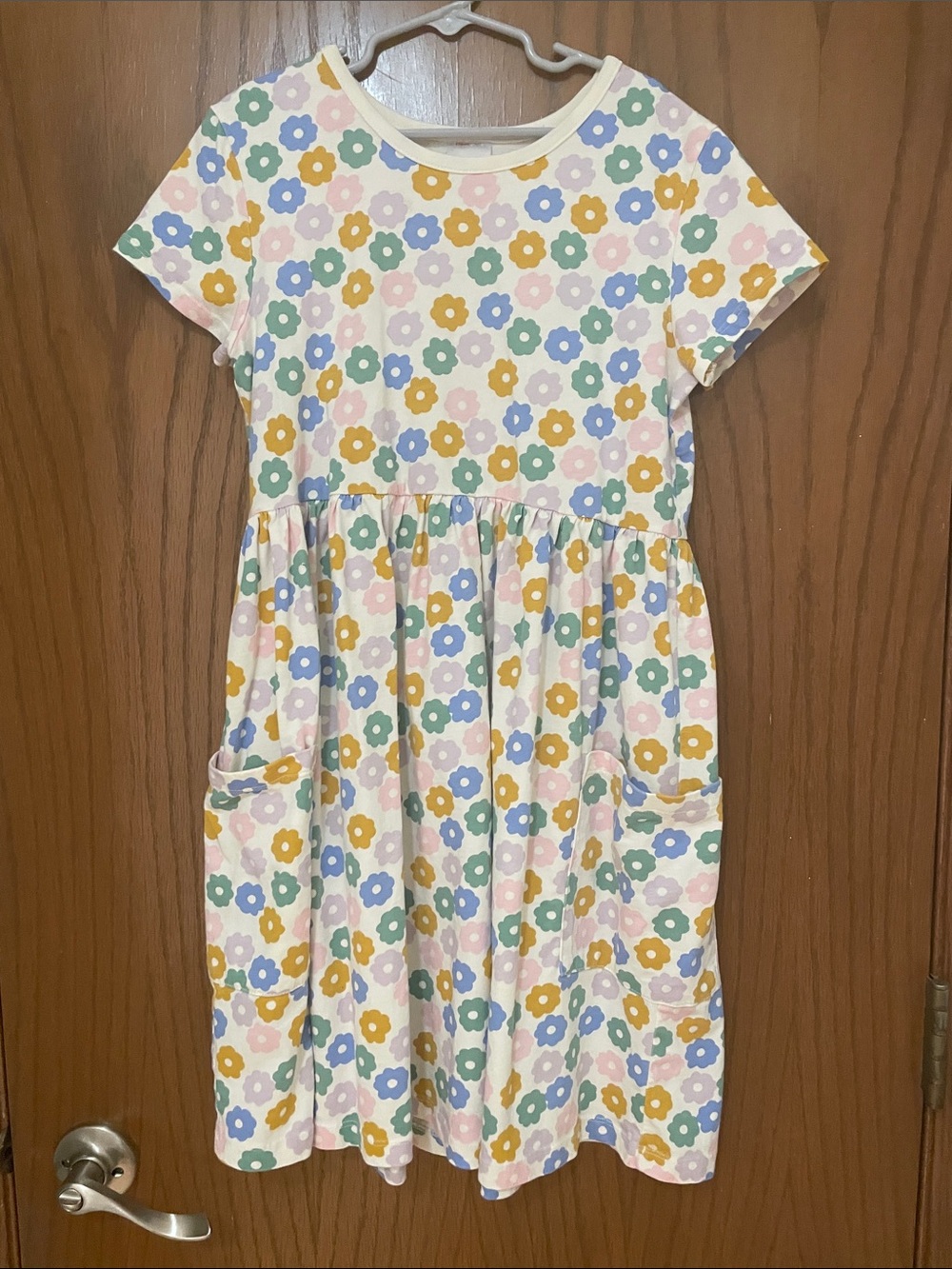 Hanna Andersson UEC Sz 12 Pastel Floral Pocket Dress Yellow, Blue, Green, Ecru
